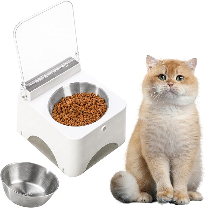Dustproof Wireless Infrared Sensor Flip Top Cat Food Bowl - Automatic Cat Feeder for Indoor & Camping, Elevated, No Spill, Non-Slip, Raised Stainless Steel Food & Water Dog Bowl