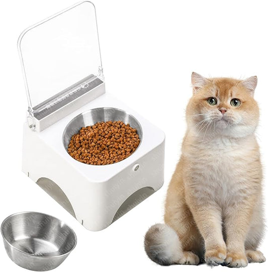 Dustproof Wireless Infrared Sensor Flip Top Cat Food Bowl - Automatic Cat Feeder for Indoor & Camping, Elevated, No Spill, Non-Slip, Raised Stainless Steel Food & Water Dog Bowl