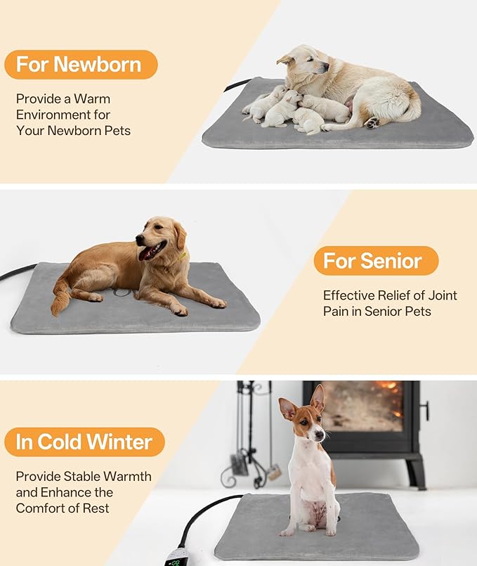 Ringco Large Dog Heating Pad with 12 Adjustable Temperature, Waterproof & Chew Resistant Pet Heating Pad with Timer, Heated Dog Bed with Fleecy Cover (L: 32” x 20”)