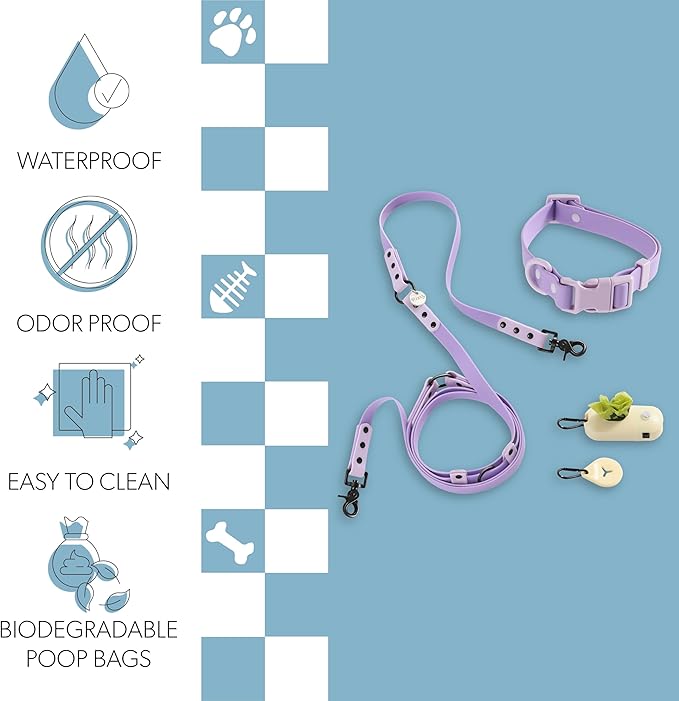 WLK1005H-5SET Luna Medium 8FT Adjustable 6-in-1 Waterproof Hands-Free Leash and Collar with LED Flashlight, Bag Dispenser, and Poop Bag Holder, Bramble