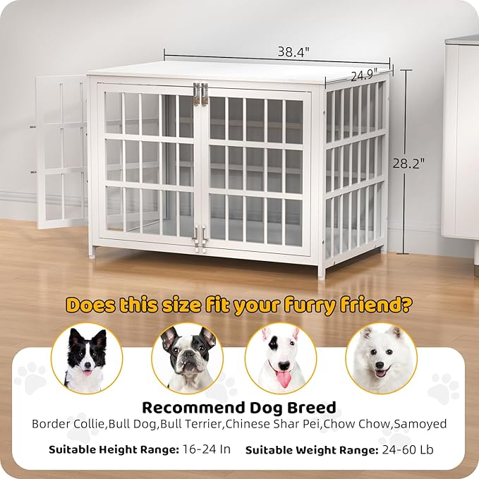 Heave Duty Dog Crate Furniture, Various Sizes & Colors Optional, Indestructible Cage for High Anxiety Dogs with Wooden Table for Indoor Decorative, Escape-Proof Locks & Double Door for Large Dogs