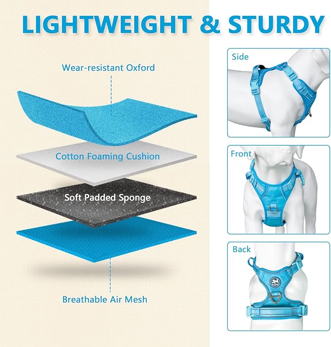 PoyPet No Pull Dog Harness, No Choke Reflective Dog Vest, Adjustable Pet Harnesses with Easy Control Padded Handle for Small Medium Large Dogs(Blue,M)