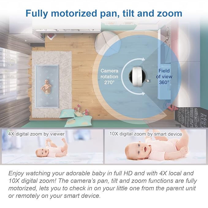 VTech RM7764-2HD Smart WiFi 2 Camera BabyMonitor, 360° Pan&Tilt, 10X Zoom, 7” HD Display & NightVision, Soothing Sounds, 2-Way Talk, Temperature & Motion Detection