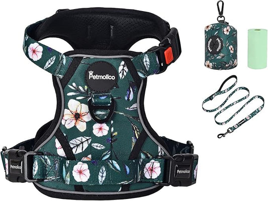 Petmolico No Pull Dog Harness Set with Leash Attachment Easy Control Handle Reflective Harness Vest Small Breed, Puppy Vest and Leash Set with Poop Bag Holder, Medium - Green Rhododendron