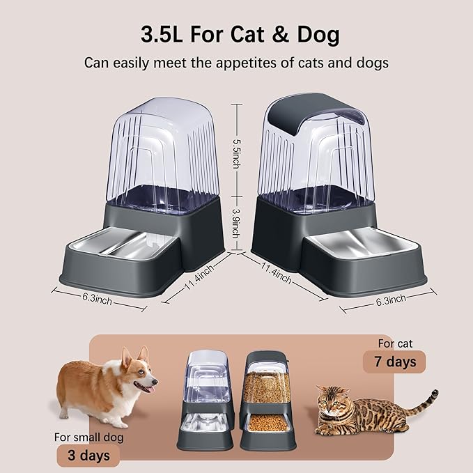 Automatic Dog and Cat Food Feeder and Water Dispenser Set with Stainless Steel Bowls,Gravity Pet Food and Water Feeders,100% BPA-Free,Large Capacity for Cats Dogs Pets…(3.5L Dark Gray)