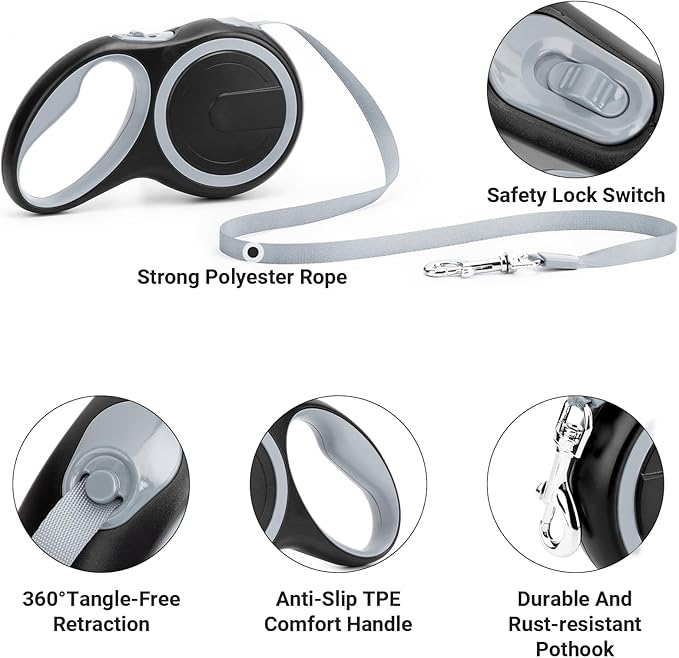 Segarty Retractable Dog Leash, 16ft Heavy Duty Walking Dog Leash for Medium Small Dogs up to 44lb, Anti-Slip Handle 360°Tangle-Free Nylon Tape, One-Handed One Button Lock and Release (Gray)