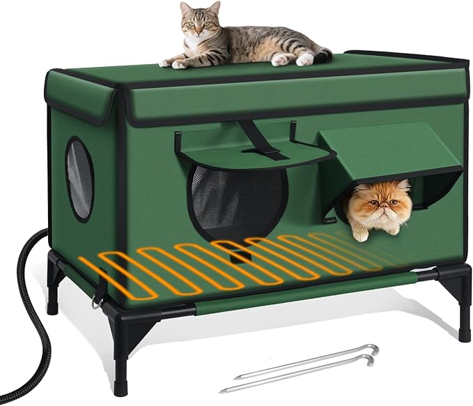 Heated Cat House for Outside Winter, Insulated & Weatherproof, Elevated Heated Cat Shelter with Heating Pad, Escape Door & 4 Windows, Warm House for Outdoor Stray Feral Barn Cats (Green, 26"x16"x20")
