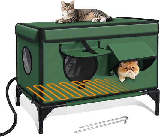 Heated Cat House for Outside Winter, Insulated & Weatherproof, Elevated Heated Cat Shelter with Heating Pad, Escape Door & 4 Windows, Warm House for Outdoor Stray Feral Barn Cats (Green, 26"x16"x20")