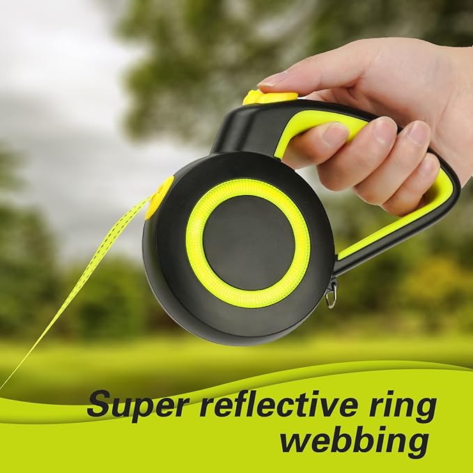 Retractable Dog Leash,Night Reflection,Light Weight Leash for Small to Medium Dogs/Cats,Stainless Steel Spring,Strong Nylon Tape, One-Handed Brake (Black-Yellow)