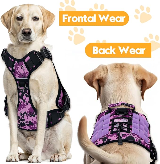 Heavy-Duty Tactical Dog Harness for Large Dogs, No Pull Adjustable Reflective Pet Vest with Molle System, K9 Military-Grade Control for Service Training, Outdoor & 10+ Breeds, Purple Camo, Large