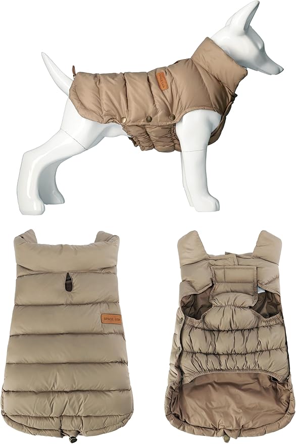 SPACE LION Dog Puffer Jacket, Down Winter Coat, Durable Outdoor Coat for Cold and Windy Conditions, Lightweight & Adjustable Fit Coats for Large Dogs, (Camel, Size24/2XL)
