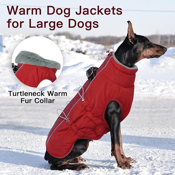 Dog Winter Jacket - Large, Warm Zip Up Snowsuit Dog Harness Vest, Reflective, Water-Resistant, Red