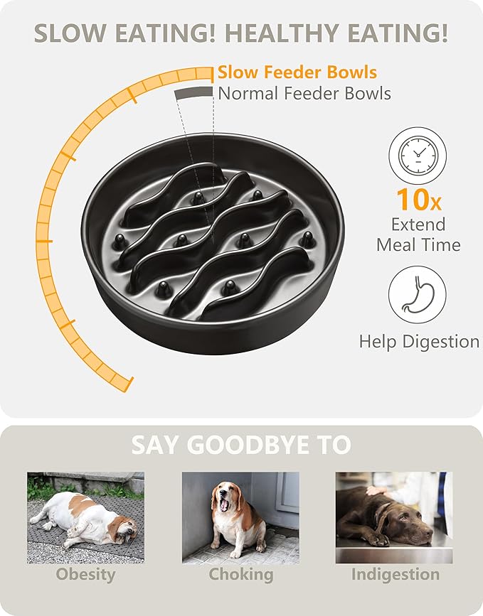 Ceramic Slow Feeder Dog Bowls for Medium and Large Dogs, 2.0 Cups Dog Slow Feeder for Fast Eater, 30oz, 8in, Black