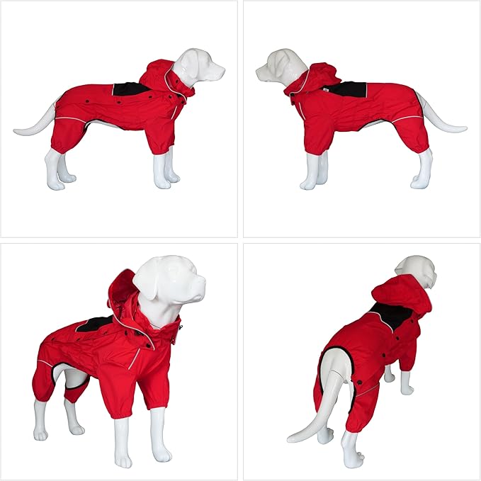 LOVELONGLONG Waterproof Dog Raincoat with Removable Hood – Outdoor Full Body Dog Jacket, Windproof Snowproof Shell Suit – All Season Pet Rain Gear Red XXS