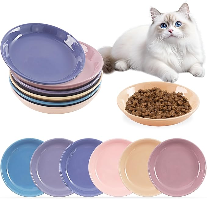 6 Pack Ceramic Cat Bowls, Cat Food Bowl, Anti Whisker Fatigue Cats Bowl Set, 6 Inches Shallow Wide Kitten Plates for Food and Water，Durable Wheat Straw Cats Bowls