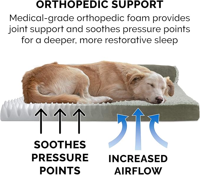 Furhaven Orthopedic Dog Bed for Large/Medium Dogs w/ Removable Bolsters & Washable Cover, For Dogs Up to 55 lbs - Two-Tone Plush Faux Fur & Suede L Shaped Chaise - Dark Sage, Large