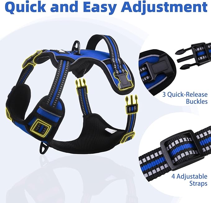 PUPTECK No Pull Dog Harness Medium Sized, Adjustable Reflective Dog Harness with Handle Easy Control, Comfortable Soft Padded Pet Vest Harness for Medium Dogs, Blue M