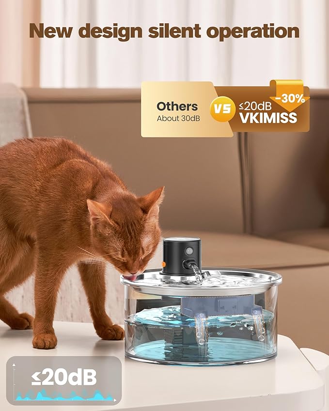 Battery Operated Cat Water Fountain: Wireless Pet Fountain with Filter - 108oz/3.2L Cordless Cat Dispenser with Motion Sensor Rechargeable Automatic Drinking Fountains for Cats Indoor - Plastic Model