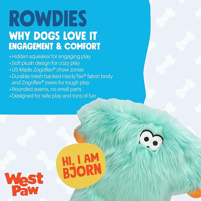 WEST PAW Rowdies Bjorn Durable Plush Dog Toy with Reinforced Seams Chew Resistant Design and Interactive Squeaker for Playtime Indoors or Outdoors Bundle for Dogs Who Deserve The Best - Seafoam