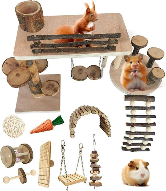 Hamster Playground & Climbing Toys Set, Natural Wooden Small Animal Activity Center with Ladder, Bridge, Ramp, Food Bowl, Multi-Room Hideout for Mice, Gerbils, Rats - Hamster Cage Accessories