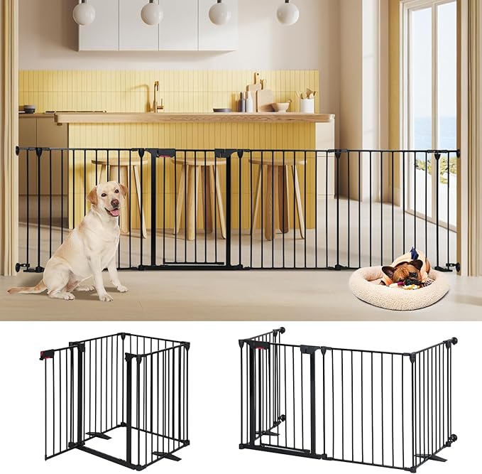 Freestanding Dog Gates with Door Walk Through, Extra Wide Doggy Door 100" W x 29" H Pet Gate Safty 4 Panels Dog Fence for Stairs, Doorways
