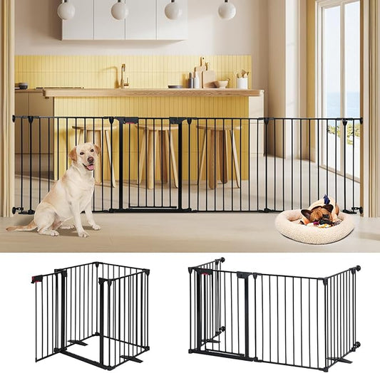 Freestanding Dog Gates with Door Walk Through, Extra Wide Doggy Door 100" W x 29" H Pet Gate Safty 4 Panels Dog Fence for Stairs, Doorways