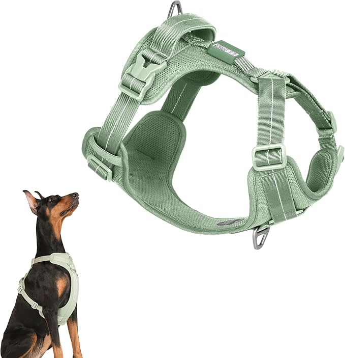 All-Weather No Pull Dog Harness Reflective Vest Harness QR Code Anti-Lost Adjustable Quick-Release Buckle Soft Padded Breathable Harness for Small Medium Large Dog (Light-Olive, M)