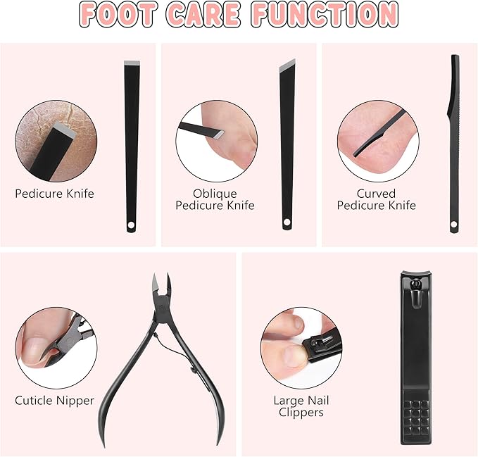 Manicure Set, Jubolion 19pcs Stainless Steel Professional Nail Clippers Pedicure Set with Black Leather Storage Case, Portable Grooming Kit for Travel or Home, Perfect Gifts Women and Men (Black)