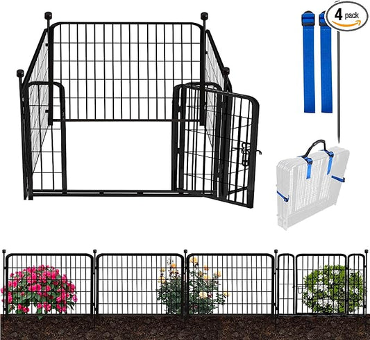 ADAVIN Dog Playpen Outdoor, 24in(H) x 9.8Ft(L) 4 Panels Animal Fence for Yard, Low Threshold Gate,Black Metal Garden Fencing, Temporary Fence for Puppy and Small Dogs, Dog Play Pen for RV Camping