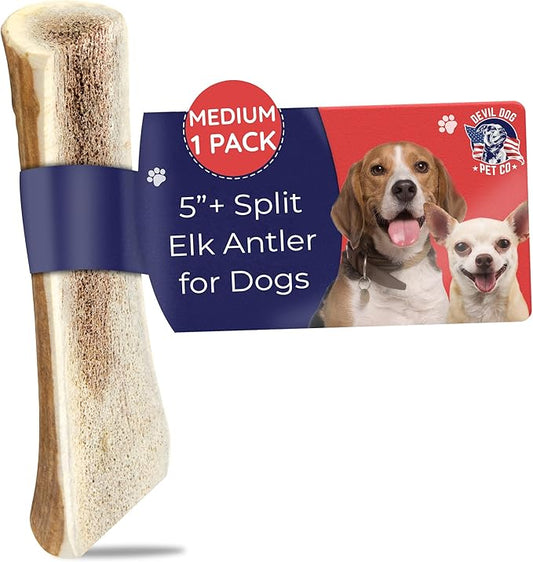 Devil Dog Pet Co. Split Elk Antlers for Dogs, Medium 5"+, 1 Pack, Grade A Long Lasting Chew for Aggressive Chewers, Premium USA Naturally Shed Antler – Healthy, No Odor, Durable Dog Chew