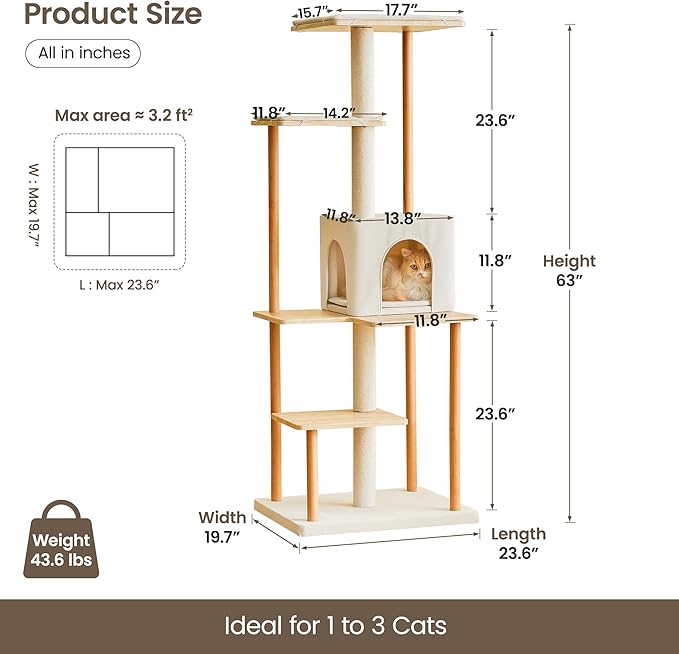 MWPO Modern Cat Tree - 63-Inch Luxury Wood Cat Tower for Indoor Cats, Large Perches with Soft Cushions, Cat Condo for Large Cats with Scratching Posts - Beige