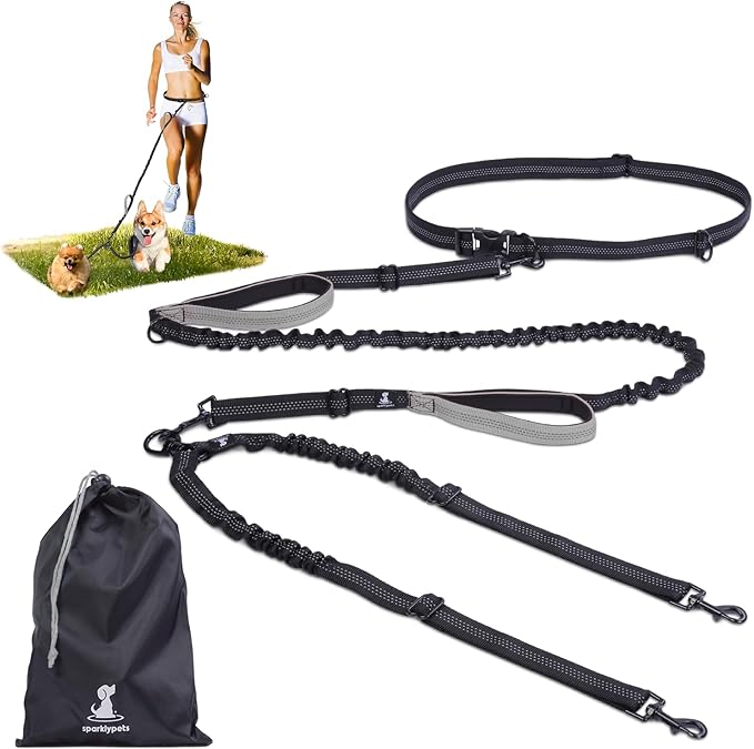 SparklyPets - Hands Free Double Dog Leash - Dual Leash for 2 Small Dogs - with Padded Handles, Reflective Stitches - No Pull, Tangle Free, for Dog Walking, Hiking, Canicross - for Small Dogs