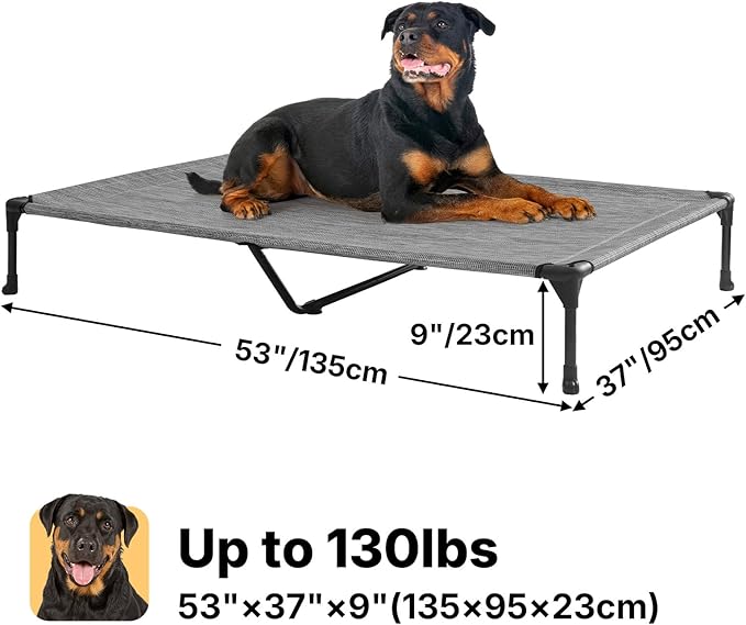Veehoo Outdoor Elevated Dog Bed Large Sized Dogs, Extra Large Cooling Raised Dog Cots Beds Training Platform Off Ground Hammock with Breathable Mesh, No-Slip Feet, 53"x37", Black Silver