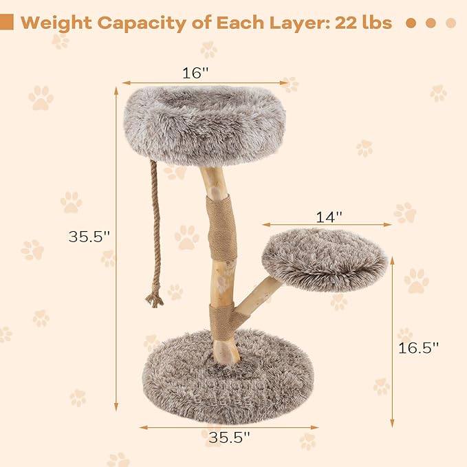 Tangkula Solid Wood Cat Tree, Modern Cat Tower with Scratching Post, Luxurious Perch & Platform, Teasing Rope, Natural Pear Wood, Soft Long Plush, Cute Cat Tree for Indoor Kittens
