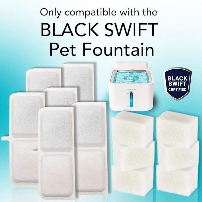 BLACK SWIFT Replacement Filters & Sponges – 12-Pack (6 Filters + 6 Sponges) – 4-Layer Dog & Cat Water Fountain Filter for Indoor Pet Hydration – Only for Black Swift Pet Fountain