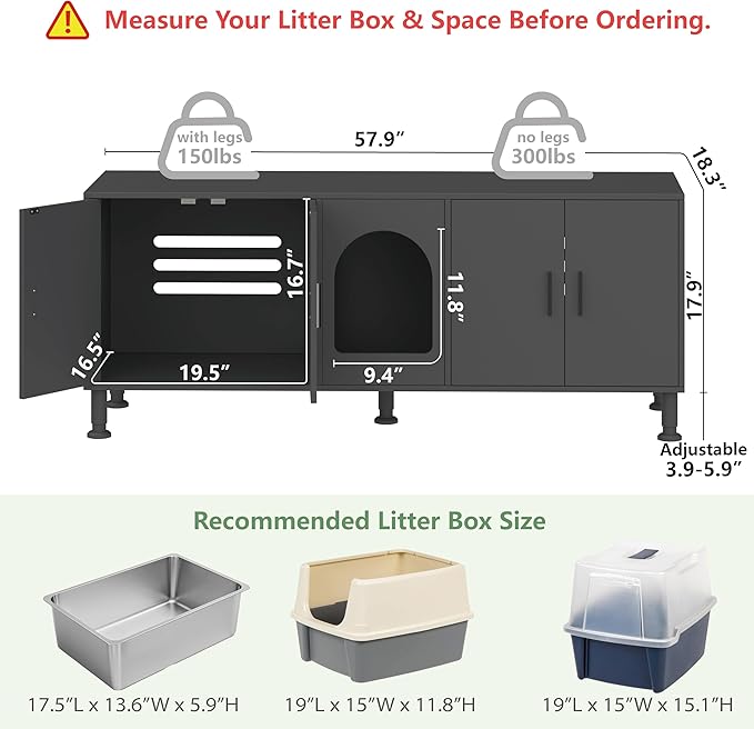 Double Litter Box Enclosure with Cat Scratch Mat & Motion Sensor Light, Wooden Litter Box TV Stand for 2 Litter Boxes & 2 Cats (Black)
