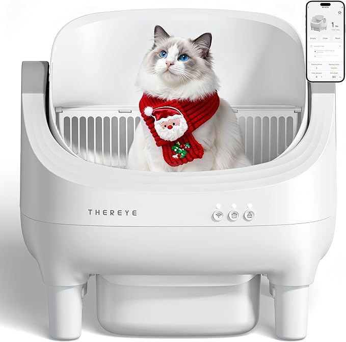 Thereye Self Cleaning Cat Litter Box, Open-Top Automatic Litter Box with APP Control, Safety Sensor and 10L Large Waste Bin, Smart Kitty Litter Boxes with Trash Bags and Mat for Multiple Cats