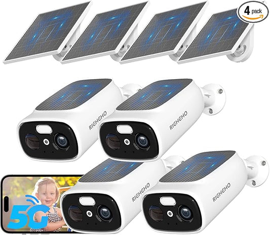4pc 2.4G/5G WiFi Cameras for Home Security with Double Solar Panels, 2K Solar Security Cameras Wireless Outdoor, Color Night Vision , 2-Way Talk, Spotlight, Siren,IP66, Cloud/SD, AI Detection, W/Alexa
