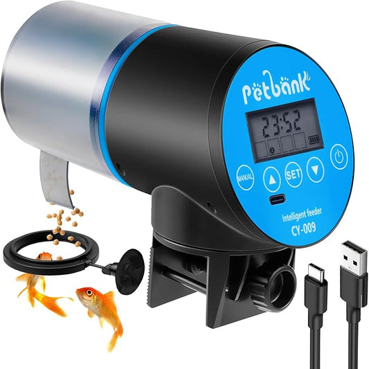 Automatic Fish Feeder for Aquarium - Rechargeable Fish Food Auto Dispenser Vacation Turtle Feeder with USB Charger Cable，LCD Screen, Customized Schedule (Blue)