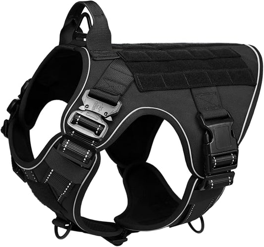 rabbitgoo Tactical Dog Harness for Large Dogs, No Pull Upgraded Reflective Heavy Duty Molle Vest with Handle, Adjustable Military Service Dog Vest for Walking Hiking Training, Black, L