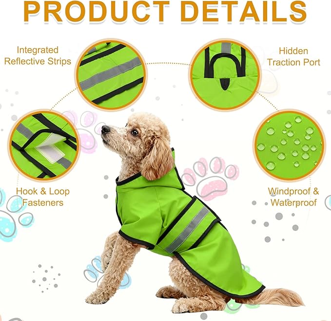 Dog Raincoat, Dog Rain Jacket Waterproof Jacket Reflective Adjustable Hooded Pet Rain Coat with Leash Hole, (Fluorescent Green, 2XL), Intended for Large Medium Small Puppies