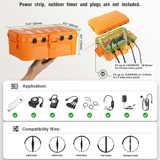 Flemoon Large Outdoor Electrical Box, IP54 Waterproof Outdoor Extension Cord Cover Weatherproof, Protect Outlet, Plug, Socket, Timer, Power Strip, Holiday Light Decoration, Orange