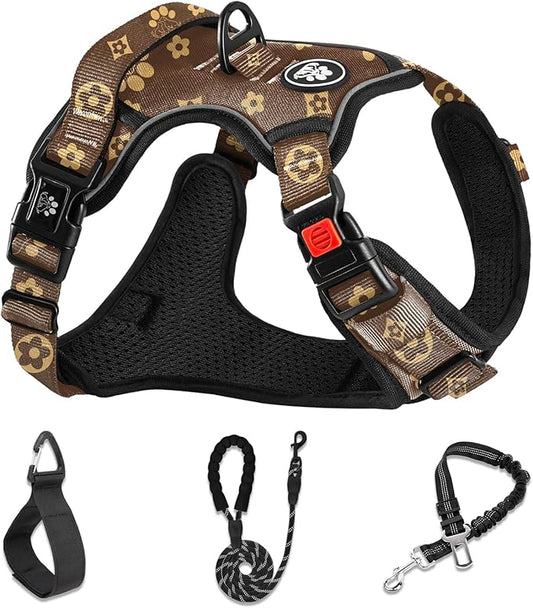 NESTROAD No Pull Dog Harness,Adjustable Oxford Dog Vest Harness with Leash,Reflective No-Choke Pet Harness with Easy Control Soft Handle for Large Dogs(X-Large,Dark Brown)