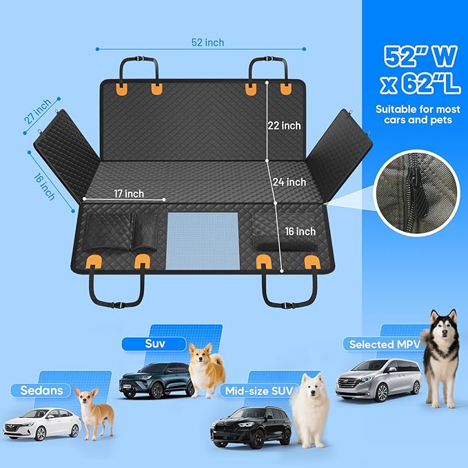 Dog Car Seat Cover for Back Seat with Hard Bottom,Waterproof Back Seat Extender for Dogs,Dog Hammock Dogs Bed for Cars, SUVs,Pet Seat Cover for Back Seat Holds 400lbs with Mesh Window & Pocket