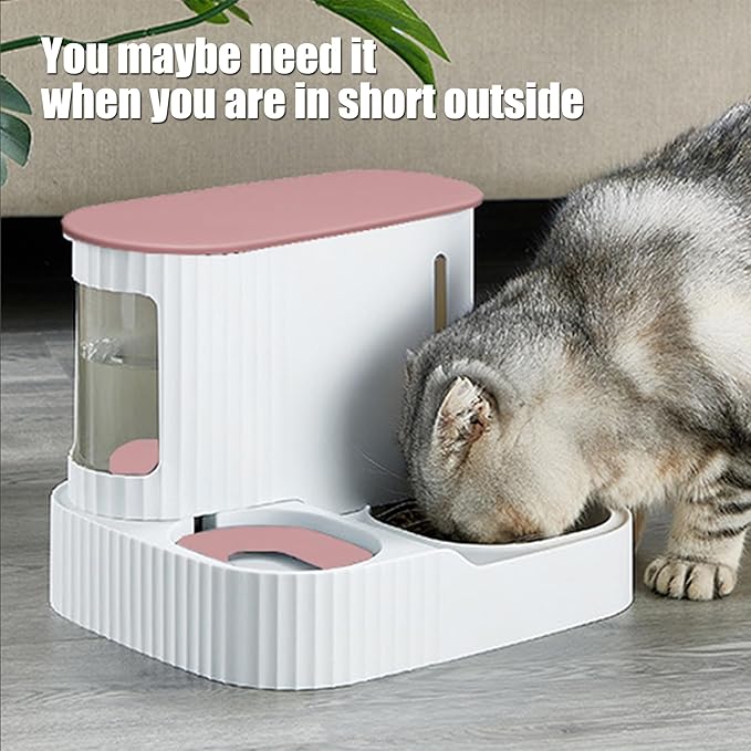 Cat Feeder and Water Dispenser,2 in 1 Gravity Automatic Bowl Auto Pet Dry Food Self Feeding Container Dishes Set for Dog Puppy Kitten Kit Set (Pink)