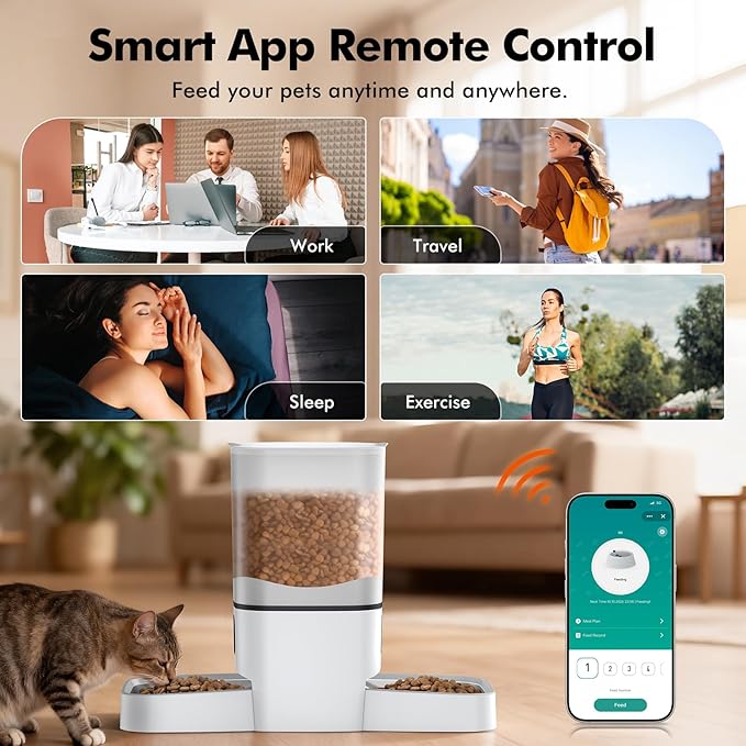 Automatic Cat Feeder for 2 Cats, 6L Automatic Cat Food Dispenser with 2 Stainless Steel Bowls, Timed Dry Food Dispenser with APP Control for Cats and Dogs, Dual Power Supply, 10s Voice Recorder