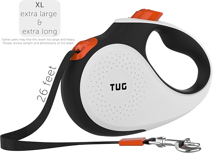 TUG XL 360° Tangle-Free Retractable Dog Leash with Anti-Slip Handle | 26 ft Strong Nylon Tape | One-Handed Brake, Pause, Lock (Extra Large, White/Orange)