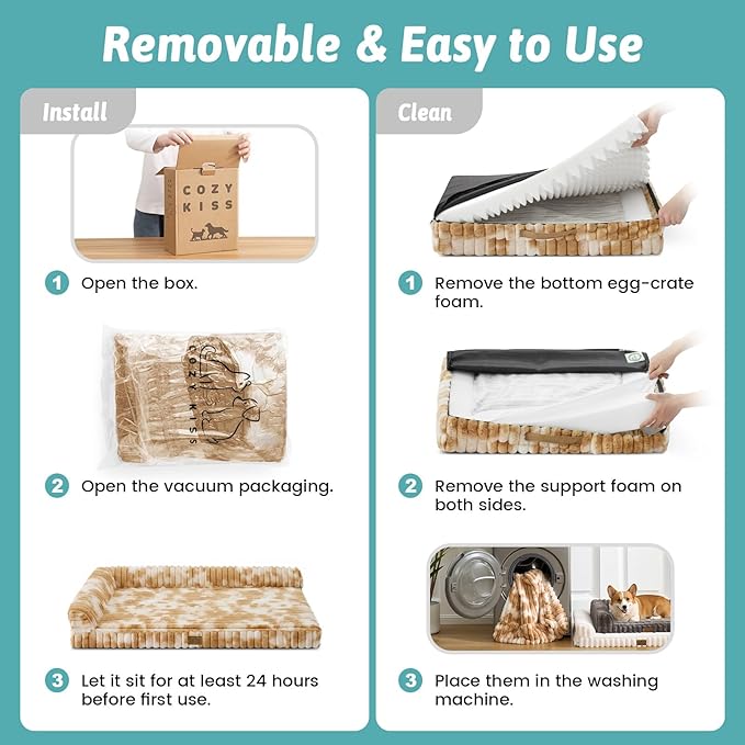 Cute Dog Bed, Faux Rabbit Fur Orthopedic Foam Dog Bed with Sides, Removable Washable Cover & Waterproof Lining, Comfortable Pet Couch for Large Dogs, Tie-Dye Brown (44" L x 32" W x 7" Th)