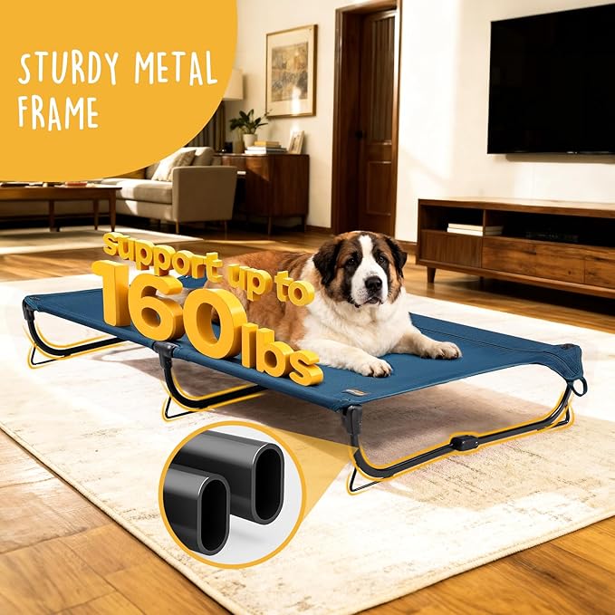 Folding Raised Dog Cot, Large Outdoor Elevated Dog Bed, Cooling Chew Proof Pet Cots Bed, Portable, Heavy Duty Up to 160 lbs, Pet Cot for Camping, Home, Dark Blue, 43"x27"x7"