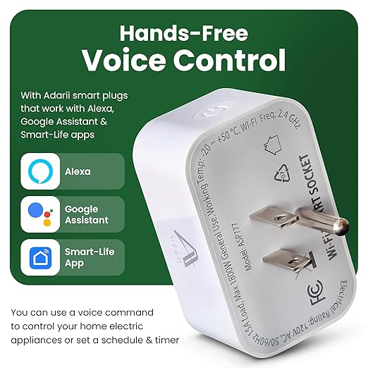 Adarii Smart Plug Google Home, Compatible with Alexa, 15A WiFi Plug, 2.4GHz, Smart Life Plug, Voice Control, Compact Indoor Smart Plug, FCC Certified, Tuya Smart Plug, No Hub Needed, 1 Pack